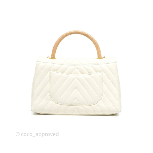 Chanel Medium Coco Handle Chevron Aged Calfskin Ivory Aged Gold Hardware Beige Lizard Handle