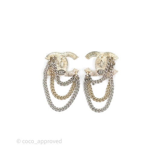 Chanel CC Crystals Chains Drop Earrings Gold Tone 21B