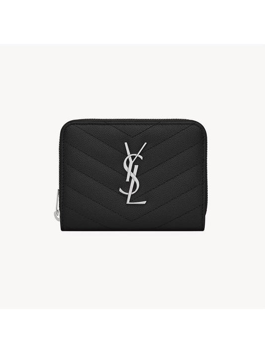 Luxury Saint Laurent Matelasse Compact Zipper Leather Half Wallet Black