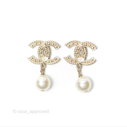 Chanel CC Crystals Pearl Drop Earrings Gold Tone 19V