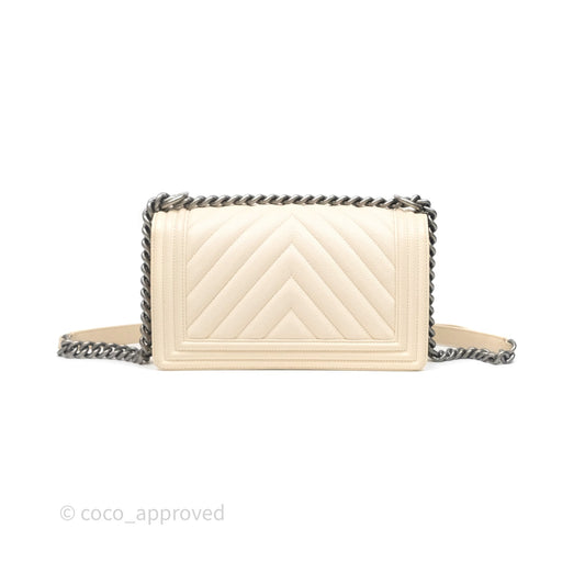 Chanel Medium Boy Chevron Beige Caviar Ruthenium Hardware