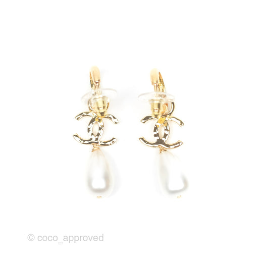 Chanel CC Pearl Drop Hoop Earrings Gold Tone 24S