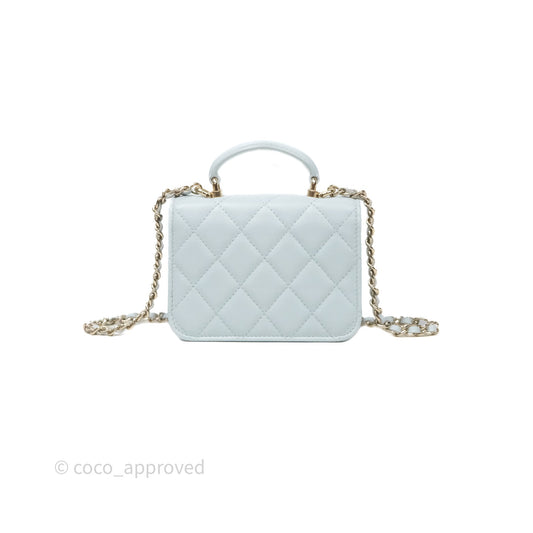 Chanel Mini Handle Flap Coin Purse With Chain Light Blue Lambskin Gold Hardware