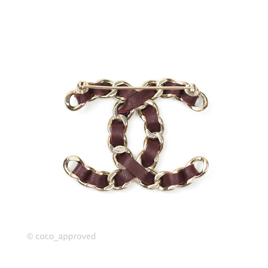 Chanel CC Braided Leather Burgundy Brooch Gold Tone 16B