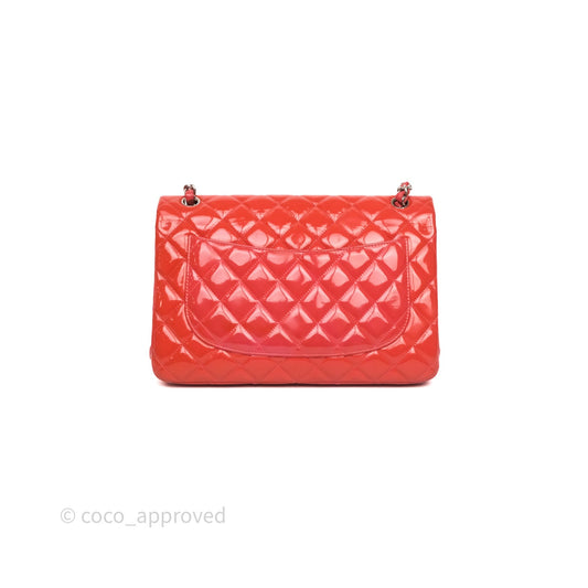Chanel Jumbo Double Flap Red Orange Patent Silver Hardware