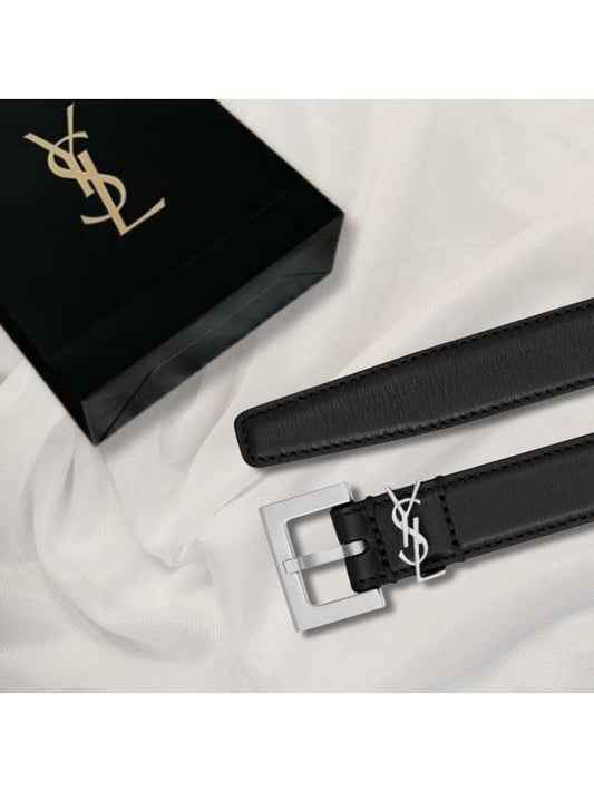 Luxury Saint Laurent Square Buckle Cassandre Thin Leather Belt Black