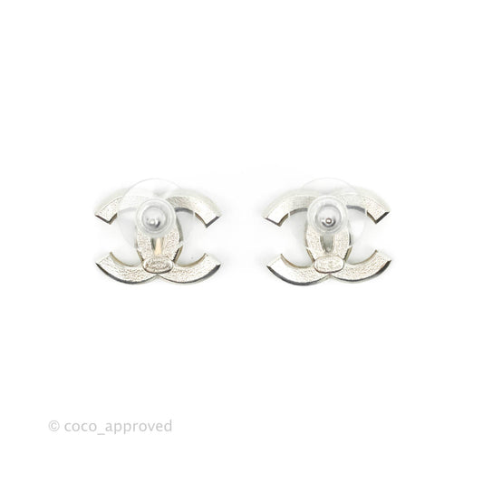 Chanel CC Pearl Crystal Earrings Silver Tone