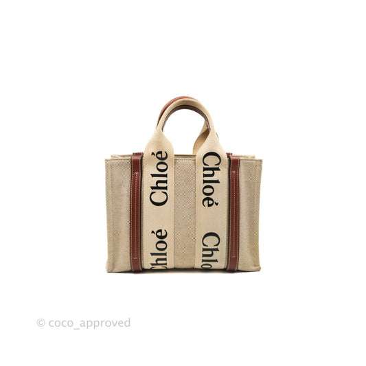 Chloe Small Woody Tote Bag Cotton Canvas & Brown Calfskin with Woody Ribbon