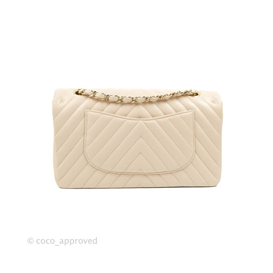 Chanel Classic M/L Medium Double Flap Chevron Ivory Caviar Gold Hardware