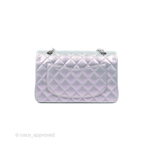 Chanel Small Classic Quilted Flap Metallic Iridescent White Lilac Silver Hardware