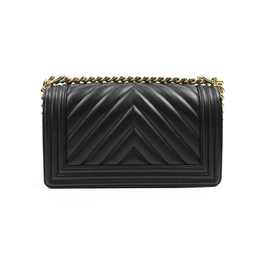 Chanel Medium Boy Chevron Black Calfskin Gold Hardware 19P