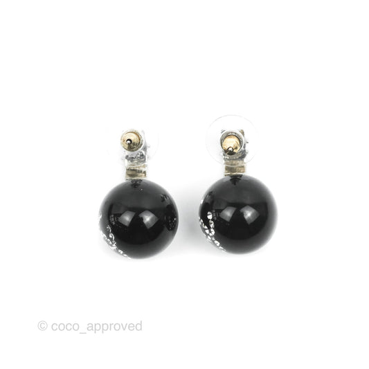 Chanel CC Drop Black Sphere Hoop Earrings Silver Tone 21K