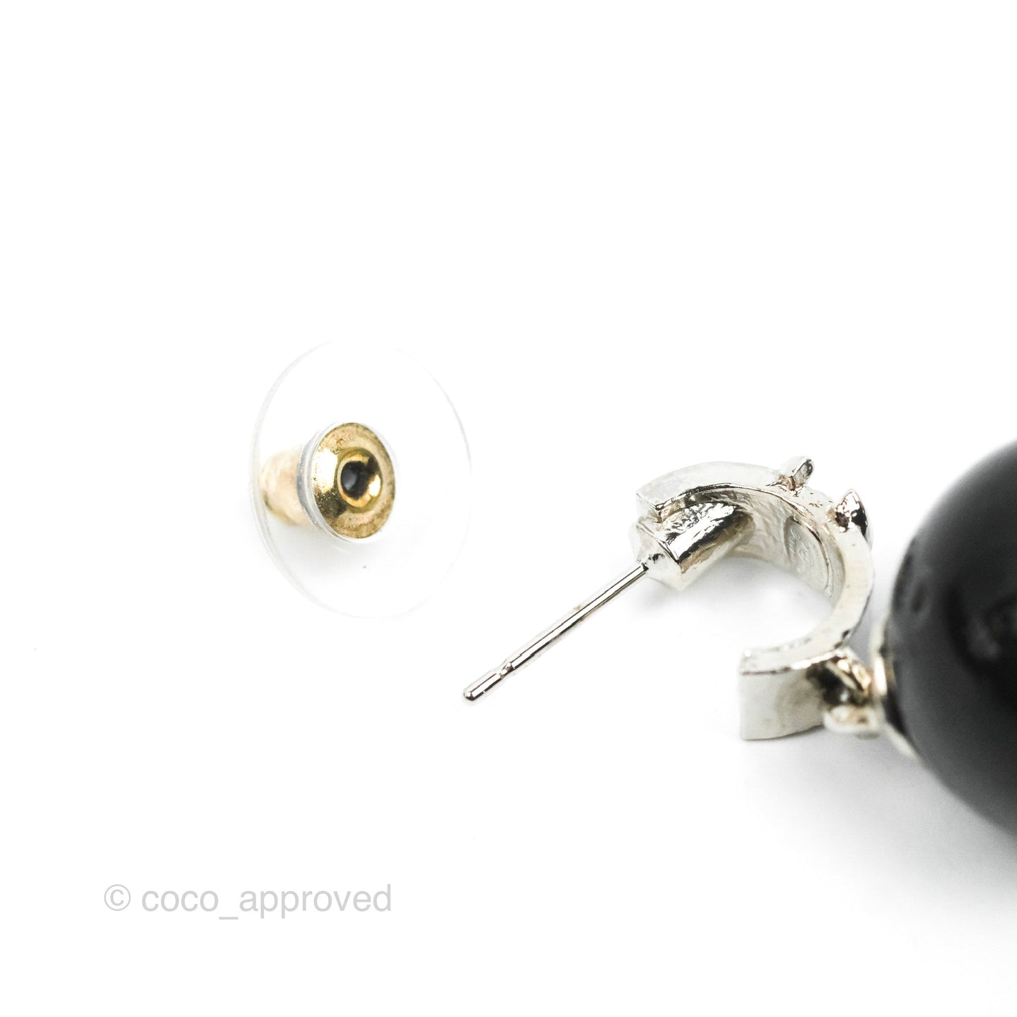 Chanel CC Drop Black Sphere Hoop Earrings Silver Tone 21K