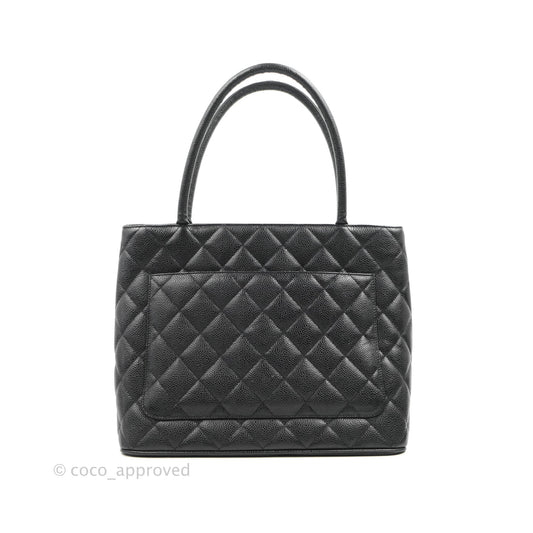Chanel Medallion Vintage CC Black Caviar Tote Bag Silver Hardware