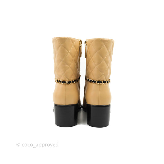 Chanel Chain Link CC Cap-toe Ankle Boots Beige Lambskin Black Suede Size 38.5