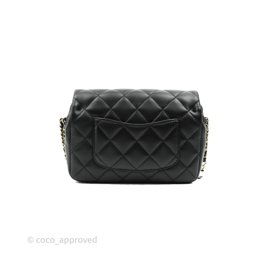 Chanel Logo Pearl Chain Flap Bag Black Lambskin Gold Hardware