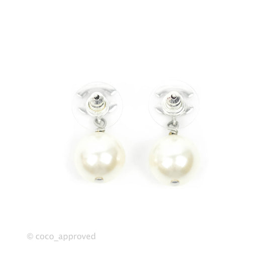 Chanel CC Crystal Pearl Drop Earrings Silver Tone 22V