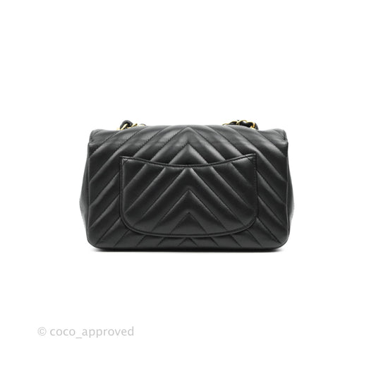 Chanel Chevron Mini Rectangular Flap Black Lambskin Aged Gold Hardware