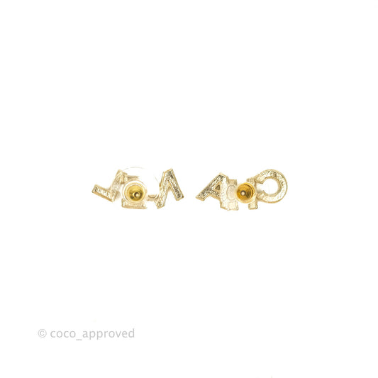 Chanel Crystal Signature Stud Earrings Gold Tone 21V
