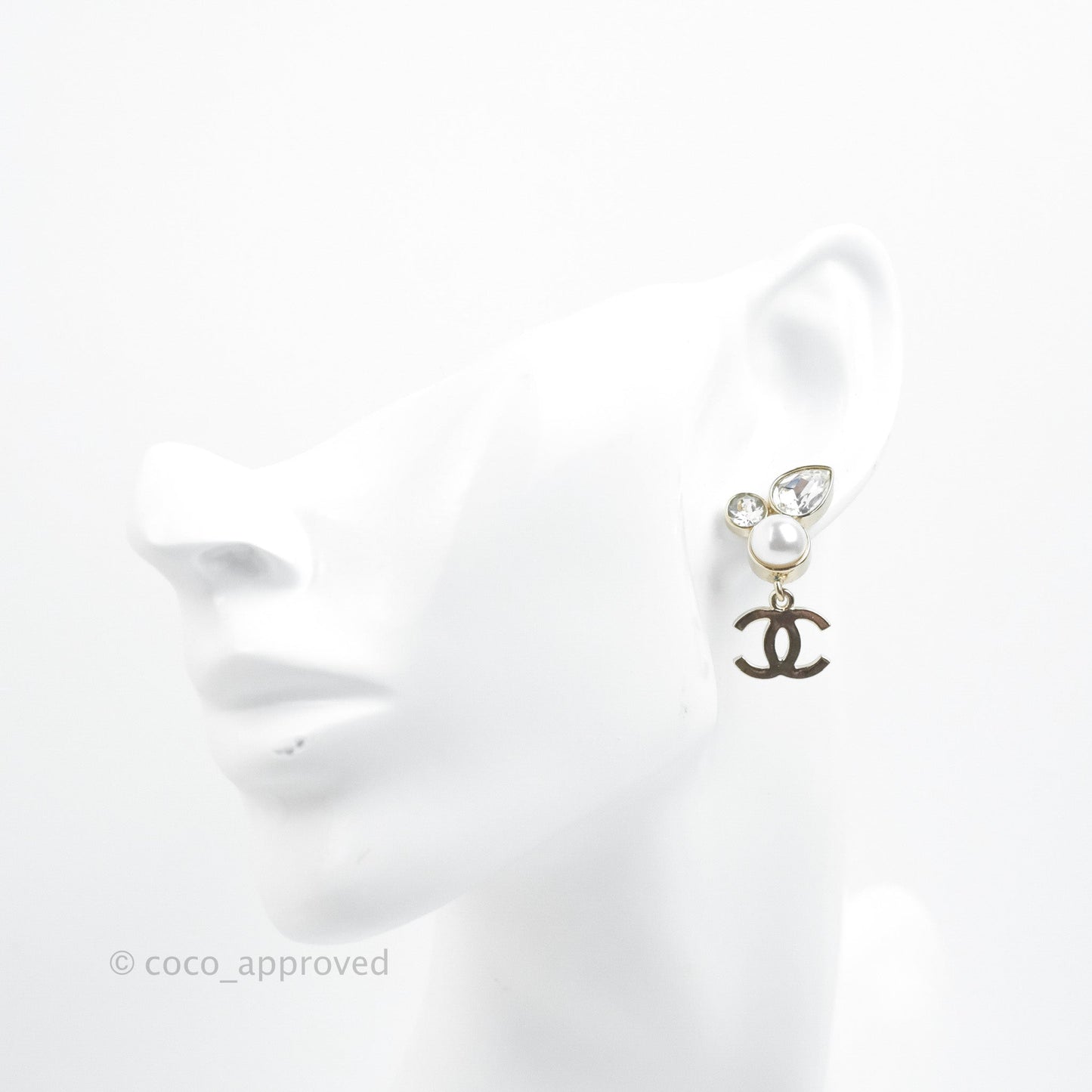 Chanel Crystal Pearl CC Drop Earrings Gold Tone 22C