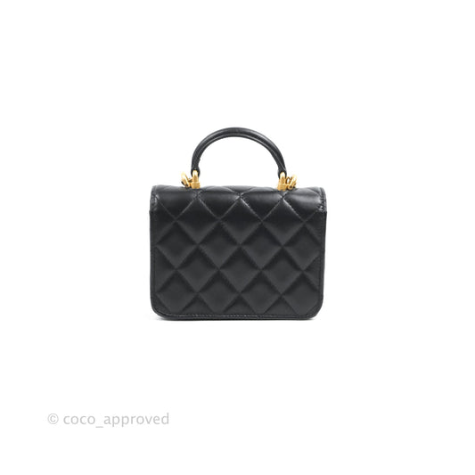 Chanel Mini Handle Flap Coin Purse With Chain Black Lambskin Gold Hardware