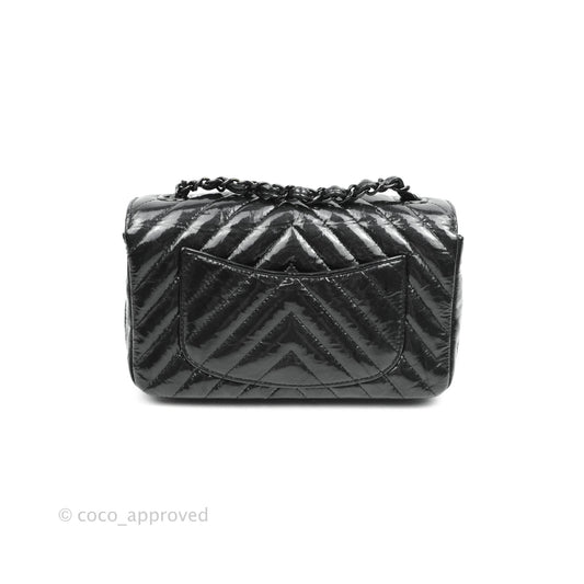 Chanel Chevron Mini Rectangular Flap Black Crumpled Patent So Black Hardware