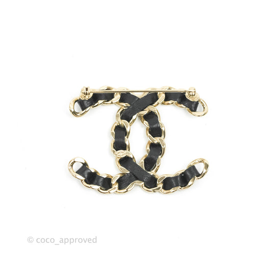 Chanel CC Braided Leather Black Brooch Gold Tone