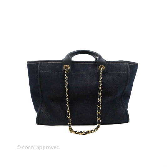 Chanel Canvas Large Deauville Tote Navy Glittery Gold Logo 19B