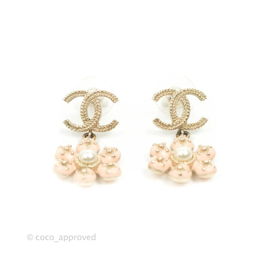 Chanel CC Pearl Flower Drop Earrings Gold Tone 18C