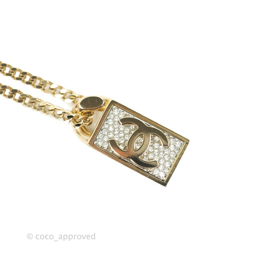 Chanel Crystal Tag Charm Necklace Gold Tone 21 C