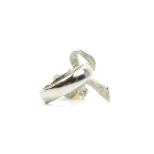 Chanel CC Crystal Bow Knot Drop Tear Pearl Ring Silver Tone 20A
