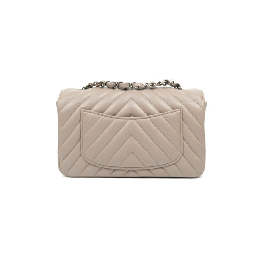 Chanel Chevron Mini Rectangular Flap Taupe Grey Calfskin Ruthenium Hardware 18B