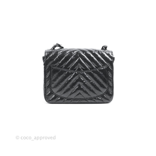 Chanel Mini Square Chevron Flap Black Crumpled Metallic Patent So Black
