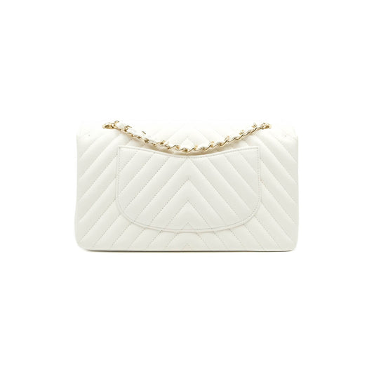 Chanel Chevron M/L Medium Double Flap White Caviar Gold Hardware