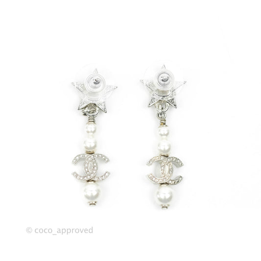 Chanel Crystal Pearl CC Star Drop Earrings Silver 20P