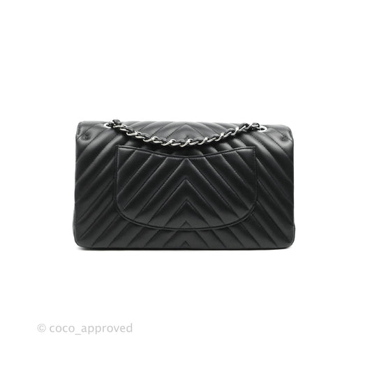 Chanel Classic M/L Medium Chevron Double Flap Black Lambskin Silver Hardware