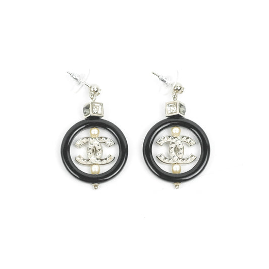 Chanel Crystal CC Black Round Drop Earrings 18B