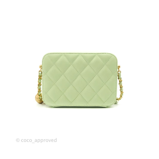 Chanel Mini Pearl Crush Quilted Camera Case Pastel Green Lambskin Aged Gold Hardware