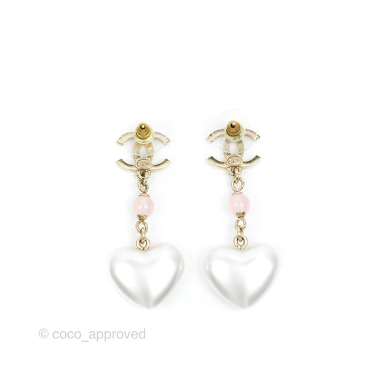 Chanel CC Pink Bead Heart Pearl Crystal CC Drop Earrings Gold Tone 21B