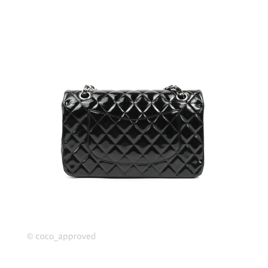 Chanel Classic Quilted M/L Medium Double Flap Black Patent Silver Hardware