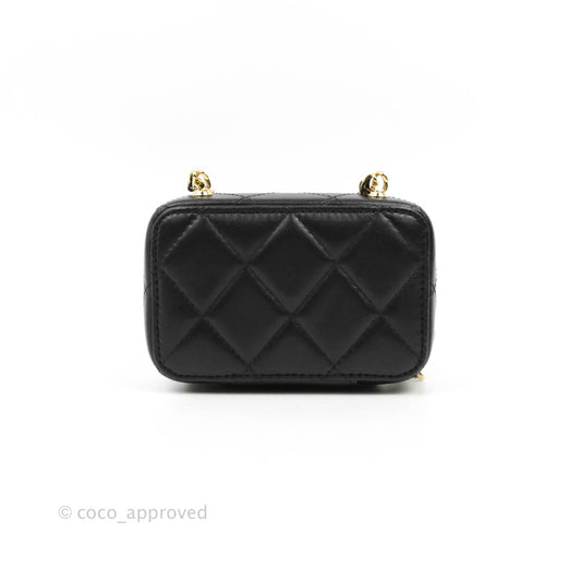 Chanel Metal Quilted Extra Mini Vanity Case With Chain Black Gold Lambskin