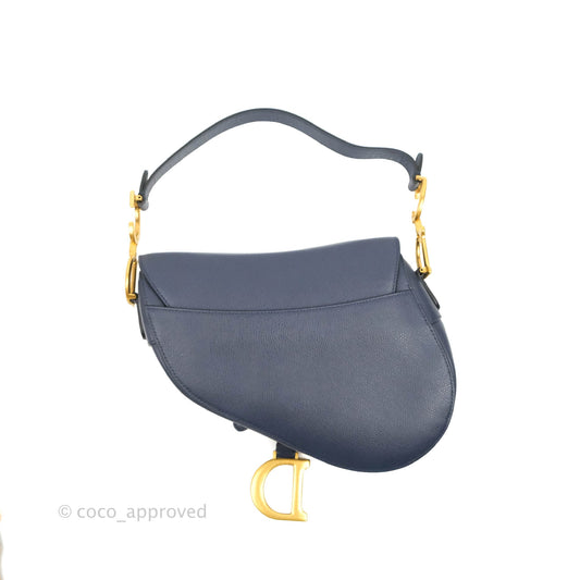 Christian Dior Saddle Bag Navy Grained Calfskin Gold Hardware