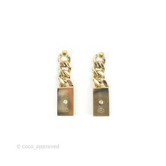 Chanel Chain CC Crystal Plate Drop Earrings Gold Tone 21C