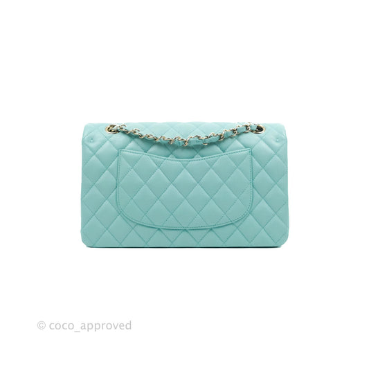 Chanel Classic M/L Medium Flap Quilted Tiffany Blue Caviar Gold Hardware