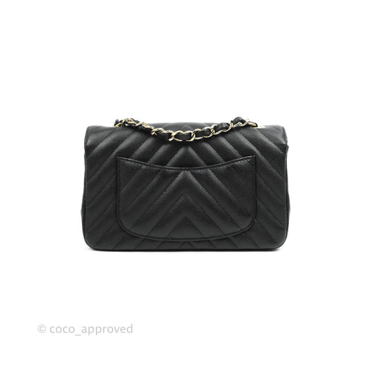 Chanel Chevron Mini Rectangular Flap Black Caviar Gold Hardware
