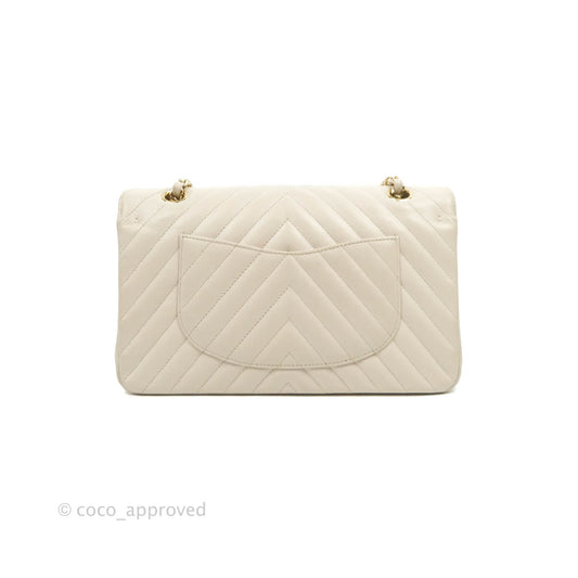 Chanel Classic M/L Medium Double Flap Chevron Ivory Caviar Gold Hardware
