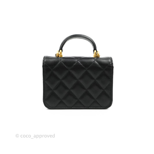 Chanel Mini Handle Flap Coin Purse With Chain Black Lambskin Gold Hardware