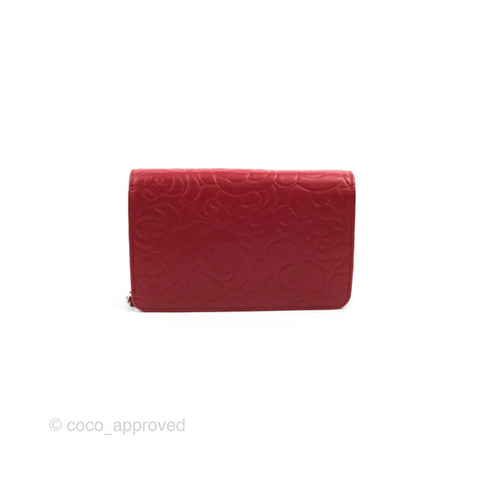 Chanel Camellia Embossed Wallet On Chain WOC Red Lambskin Silver Hardware