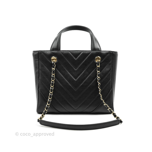 Chanel Small Chevron Tote Bag Black Calfskin Gold Hardware