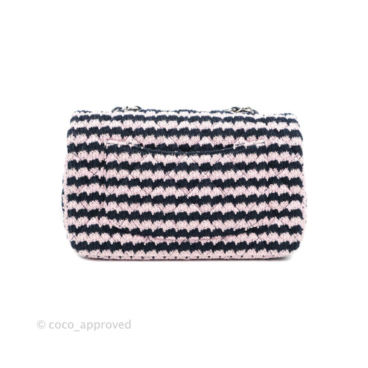 Chanel Mini Rectangular Flap Bag Navy Pink Striped Tweed Silver Hardware